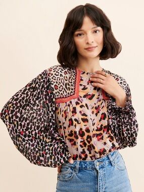 Anthropologie Bl^nk London Miranda Peasant Blouse Leopard Balloon Blouse S